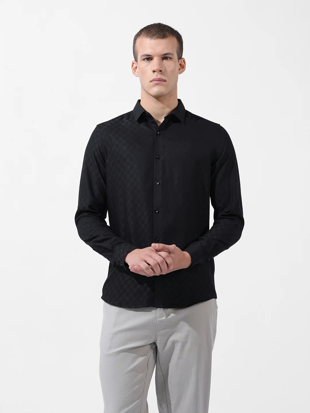 Men's Black Slim Fit Textured Party Wear Shirt - Image 8