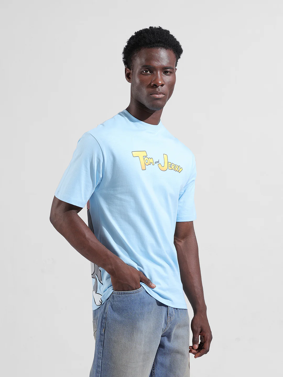 Men's Blue Boxy Fit Printed Tom & Jerry Crew Neck T-Shirt - Image 5