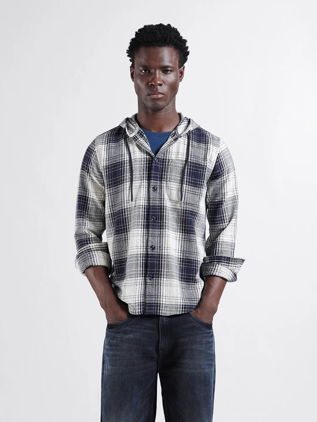 Men's Navy Blue Regular Fit Checkered Casual Shirt - Image 7