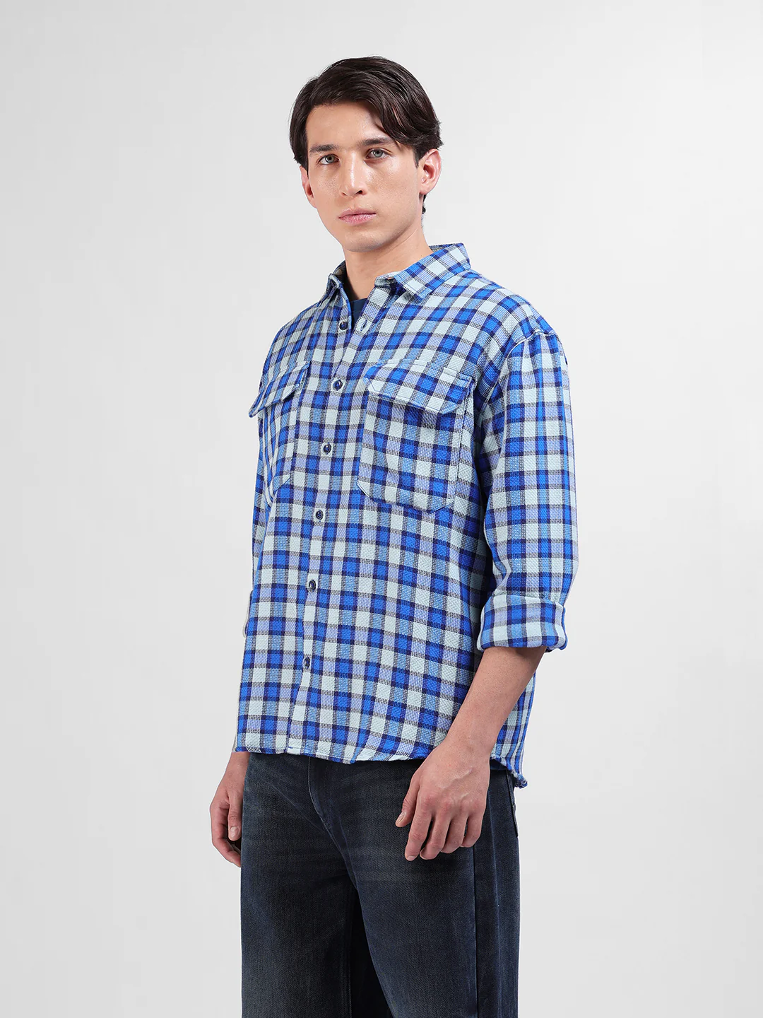 Men's Aqua Relaxed Fit Checkered Casual Shirt - Image 2