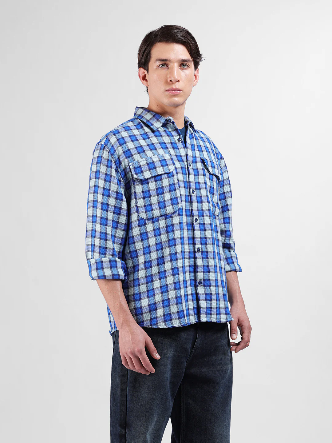 Men's Aqua Relaxed Fit Checkered Casual Shirt - Image 3