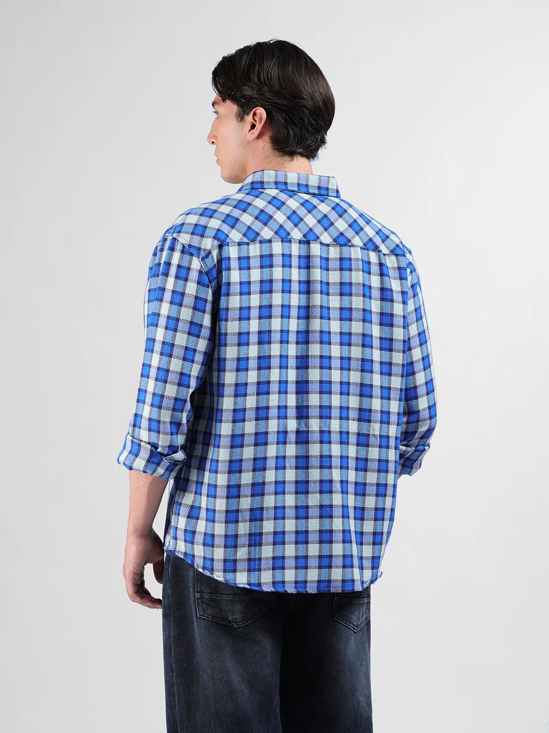 Men's Aqua Relaxed Fit Checkered Casual Shirt - Image 4