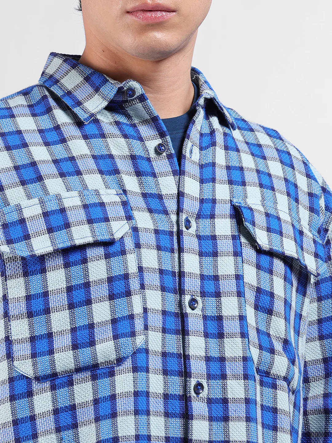 Men's Aqua Relaxed Fit Checkered Casual Shirt - Image 5