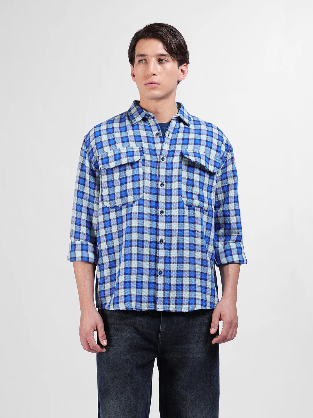Men's Aqua Relaxed Fit Checkered Casual Shirt - Image 7