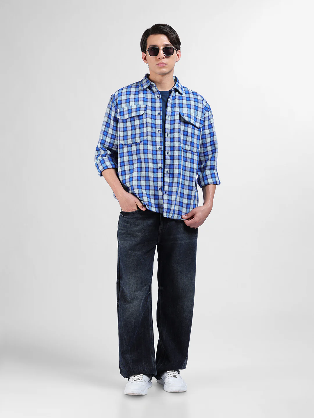 Men's Aqua Relaxed Fit Checkered Casual Shirt - Image 8
