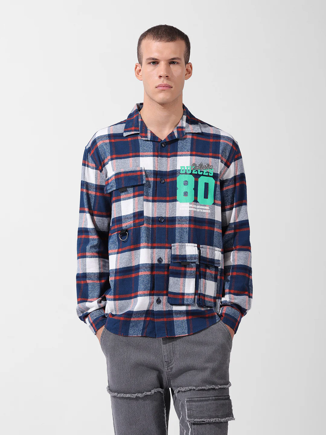 Men's Blue Relaxed Fit Graphic Printed Street Wear Shirt - Image 7