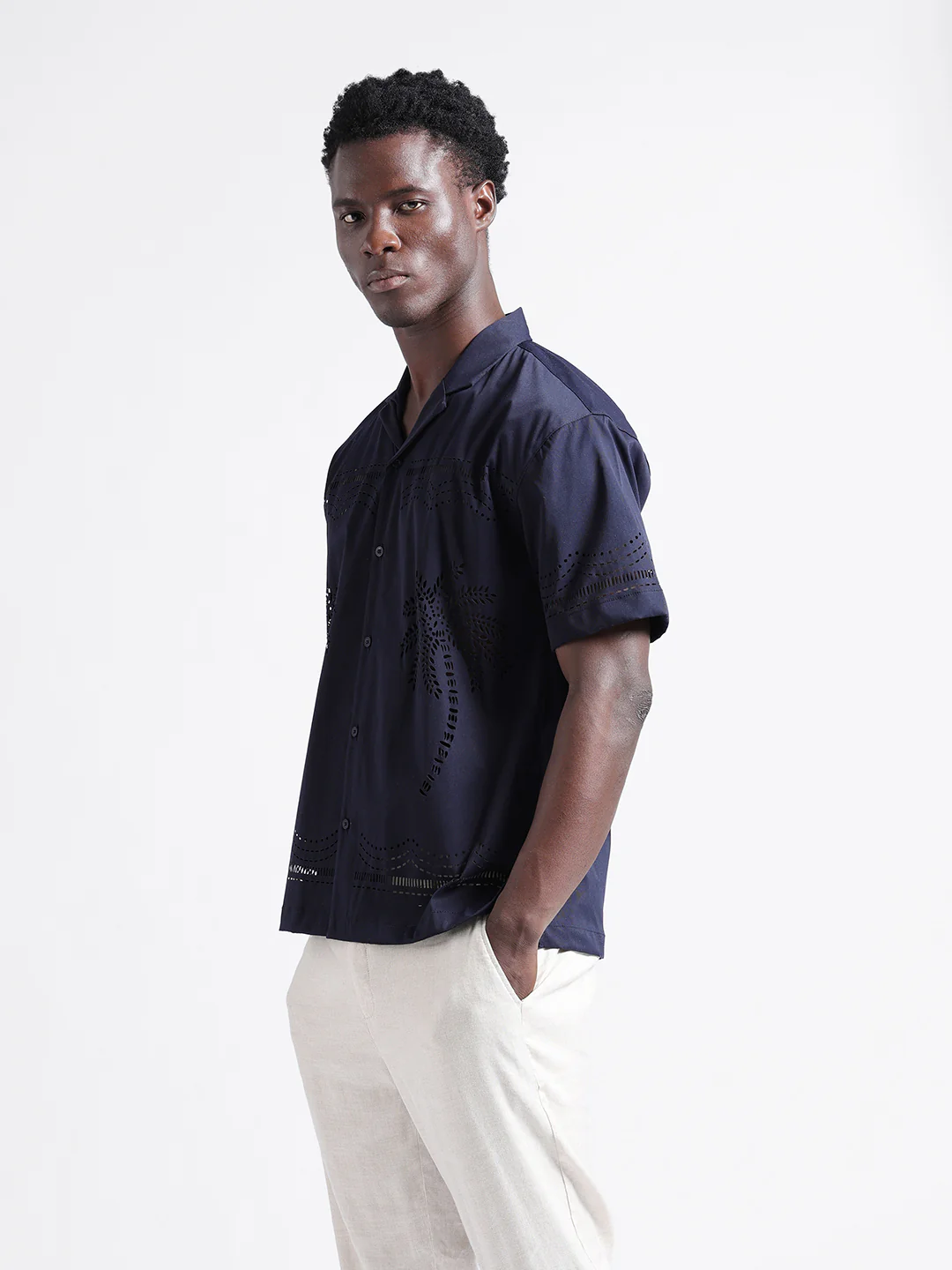 Men's Blue Relaxed Fit Solid  Resort Wear Shirt - Image 2