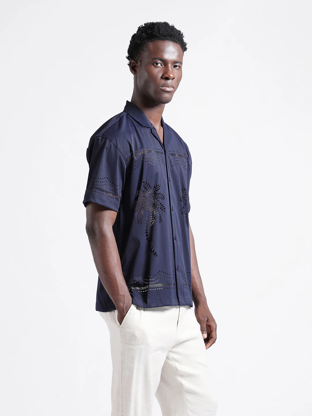 Men's Blue Relaxed Fit Solid  Resort Wear Shirt - Image 3