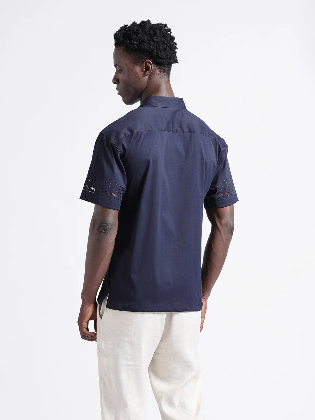 Men's Blue Relaxed Fit Solid  Resort Wear Shirt - Image 4