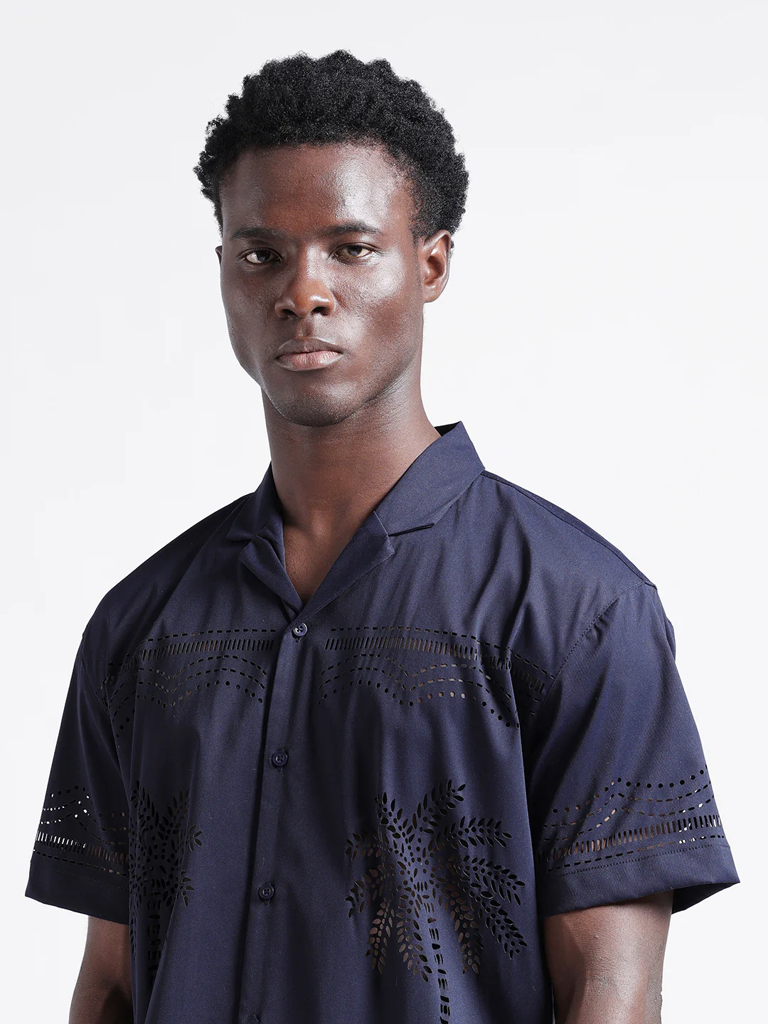Men's Blue Relaxed Fit Solid  Resort Wear Shirt - Image 5