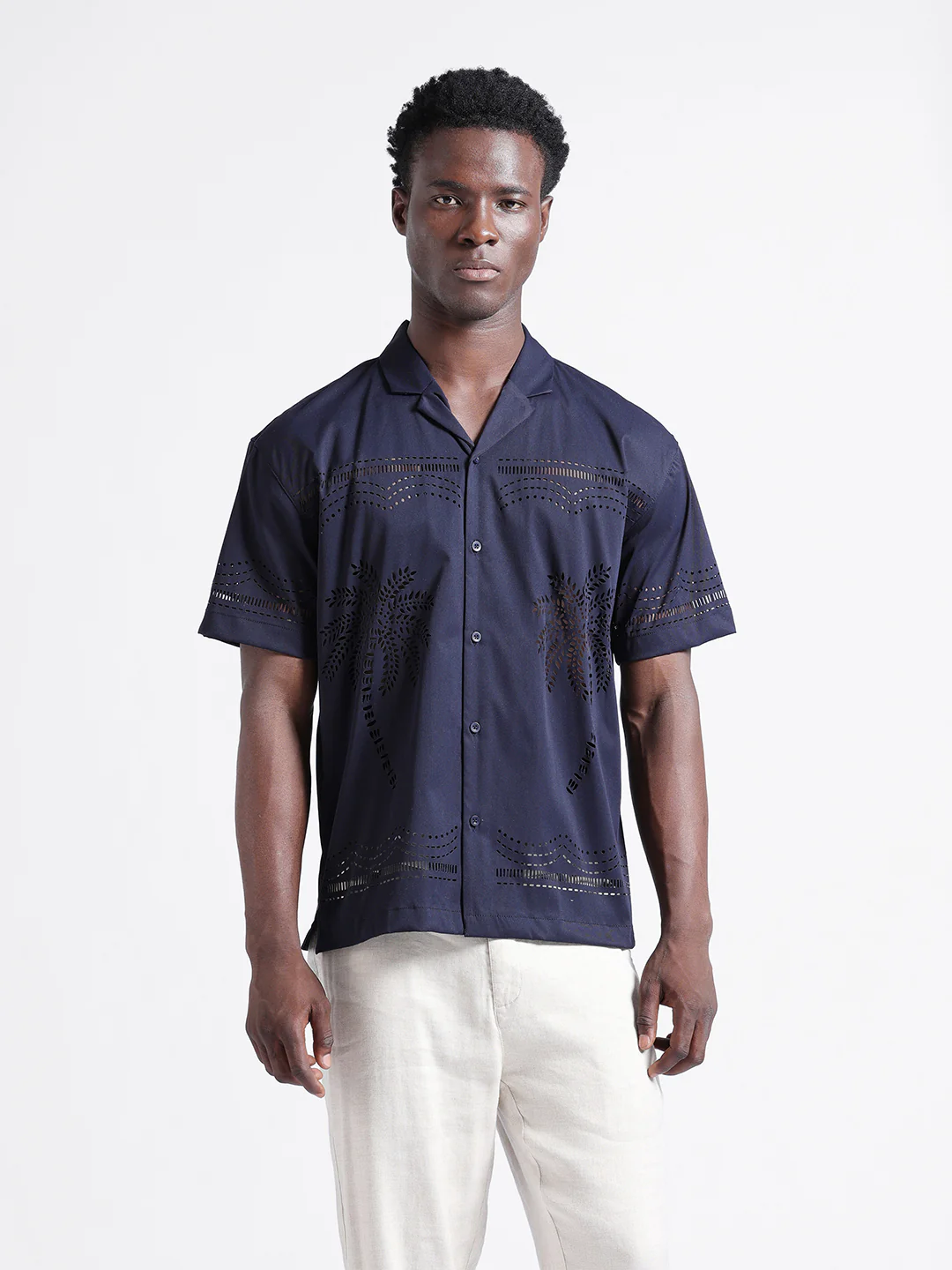 Men's Blue Relaxed Fit Solid  Resort Wear Shirt - Image 7