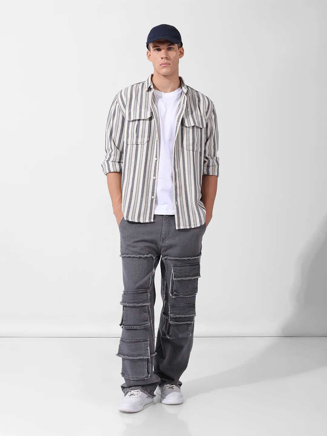 Men's Grey Relaxed Fit Striped Casual Shirt - Image 8