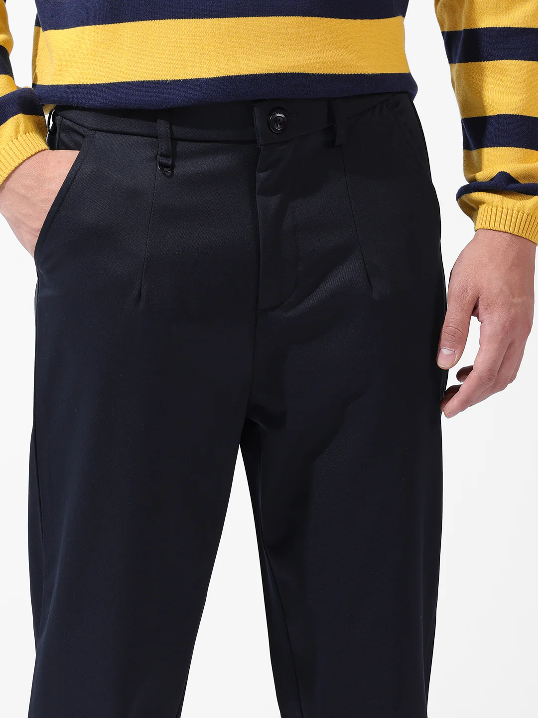 Men's Navy Blue Relaxed Fit Solid Casual Trouser - Image 4