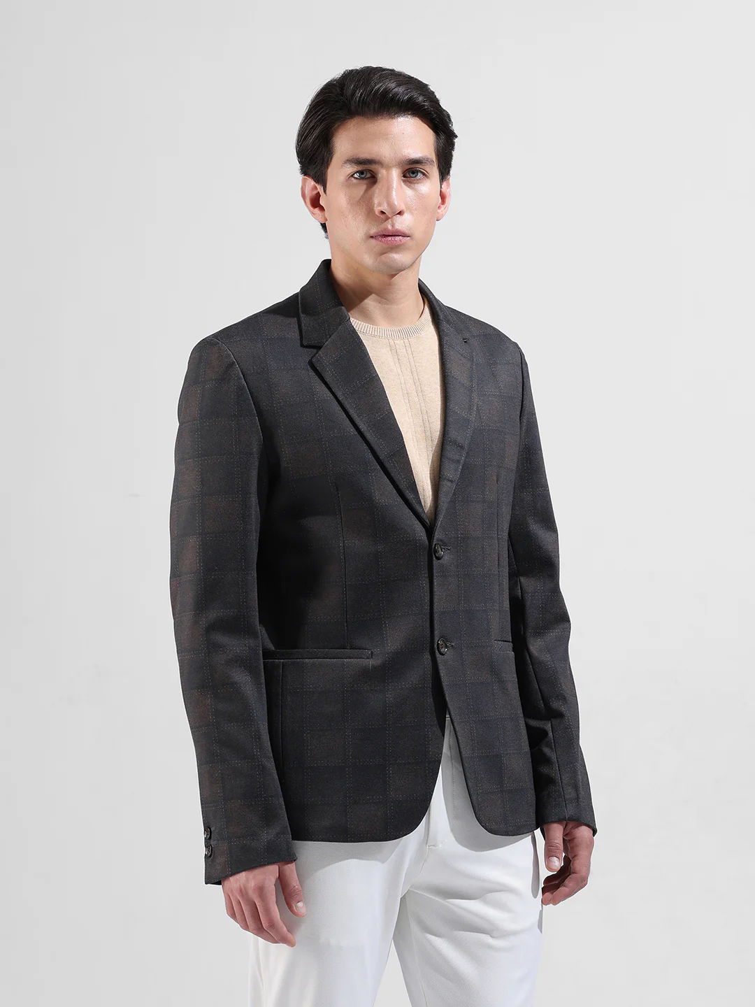 Men's Brown Regular Fit Checked Casual Blazer - Image 3