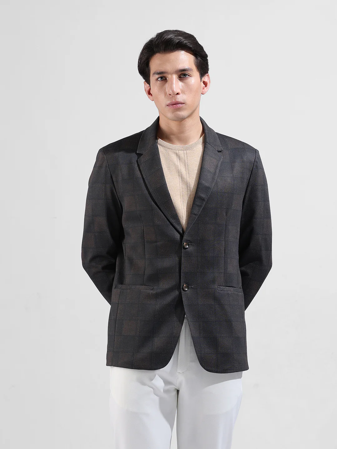 Men's Brown Regular Fit Checked Casual Blazer - Image 6