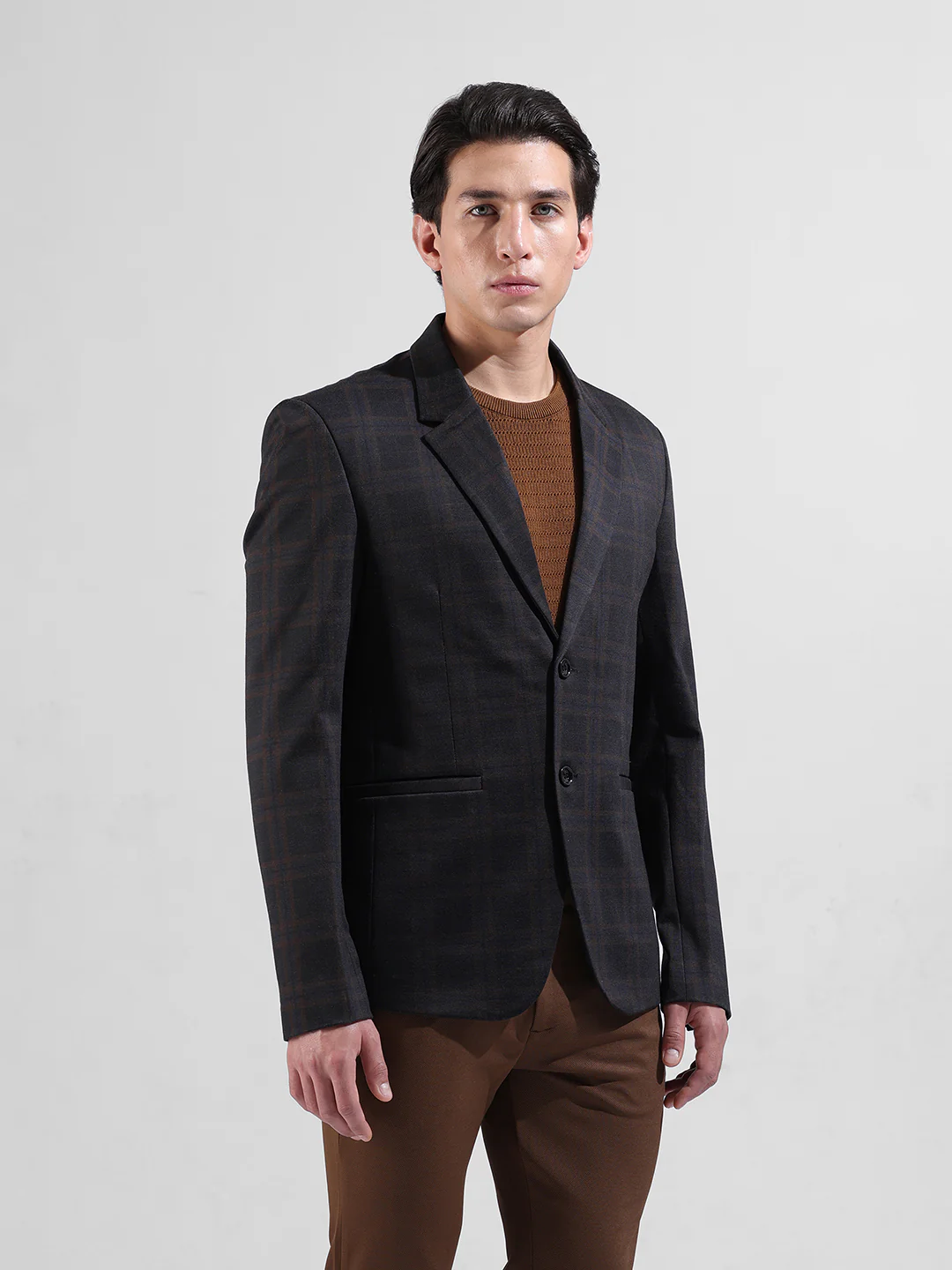 Men's Brown Regular Fit Checked Casual Blazer - Image 3