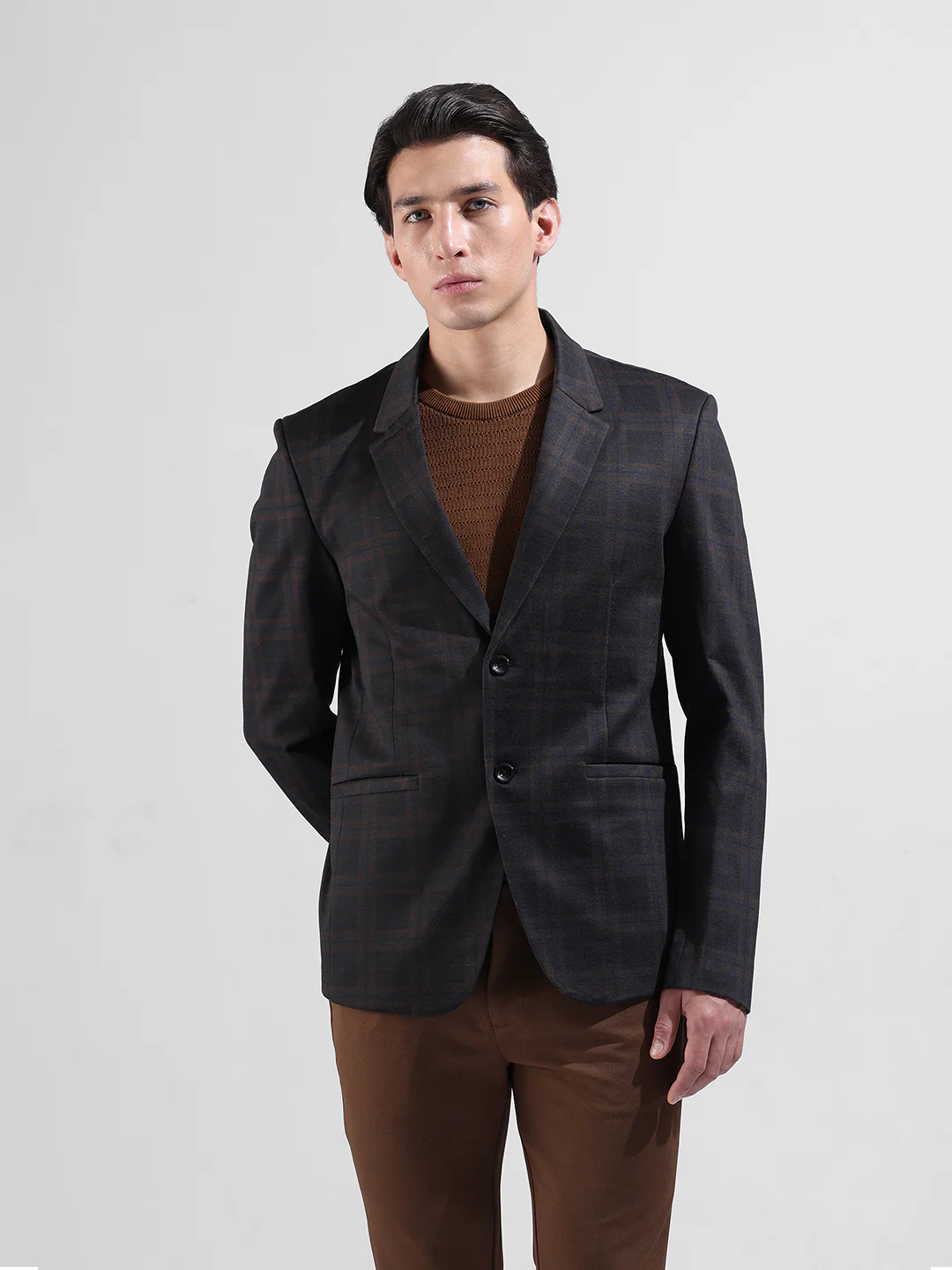 Men's Brown Regular Fit Checked Casual Blazer - Image 6