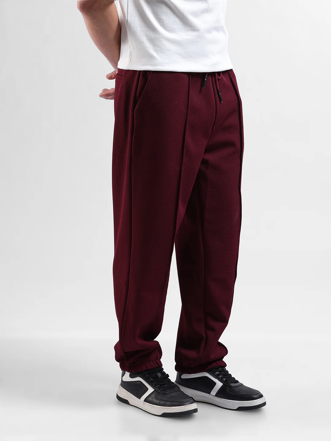 Men's Burgundy Loose Fit Textured Athletic  Jogger - Image 3