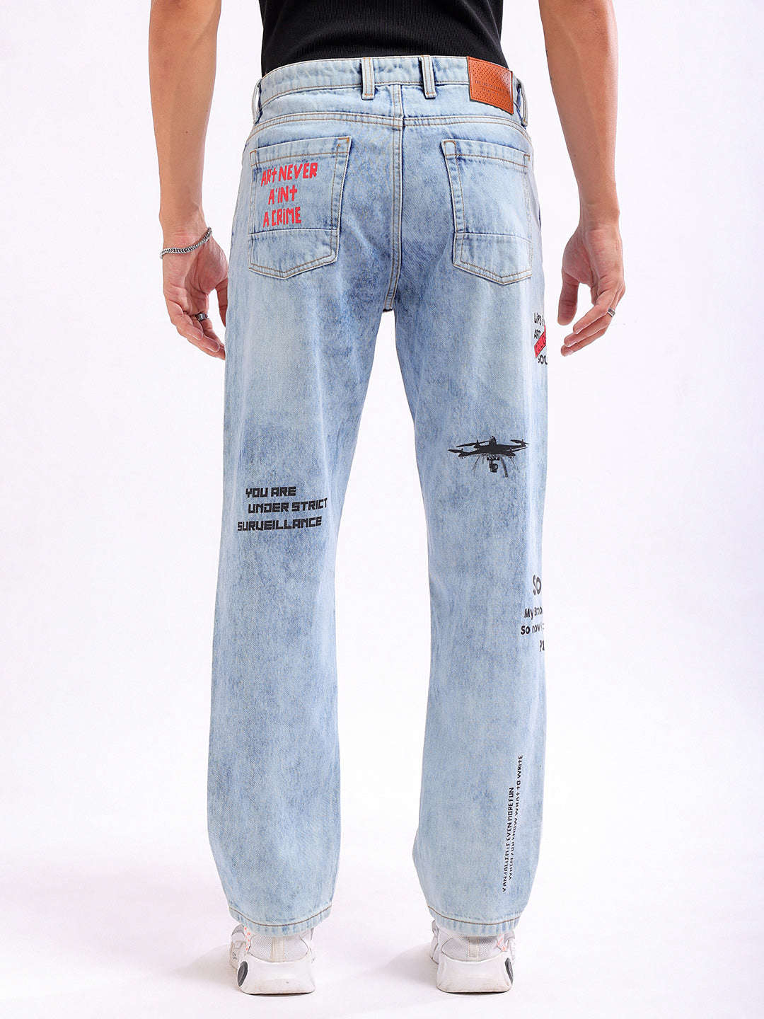 Men's Blue Regular Fit Printed Casual Jeans - Image 4
