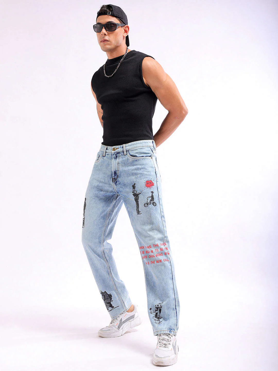 Men's Blue Regular Fit Printed Casual Jeans - Image 5