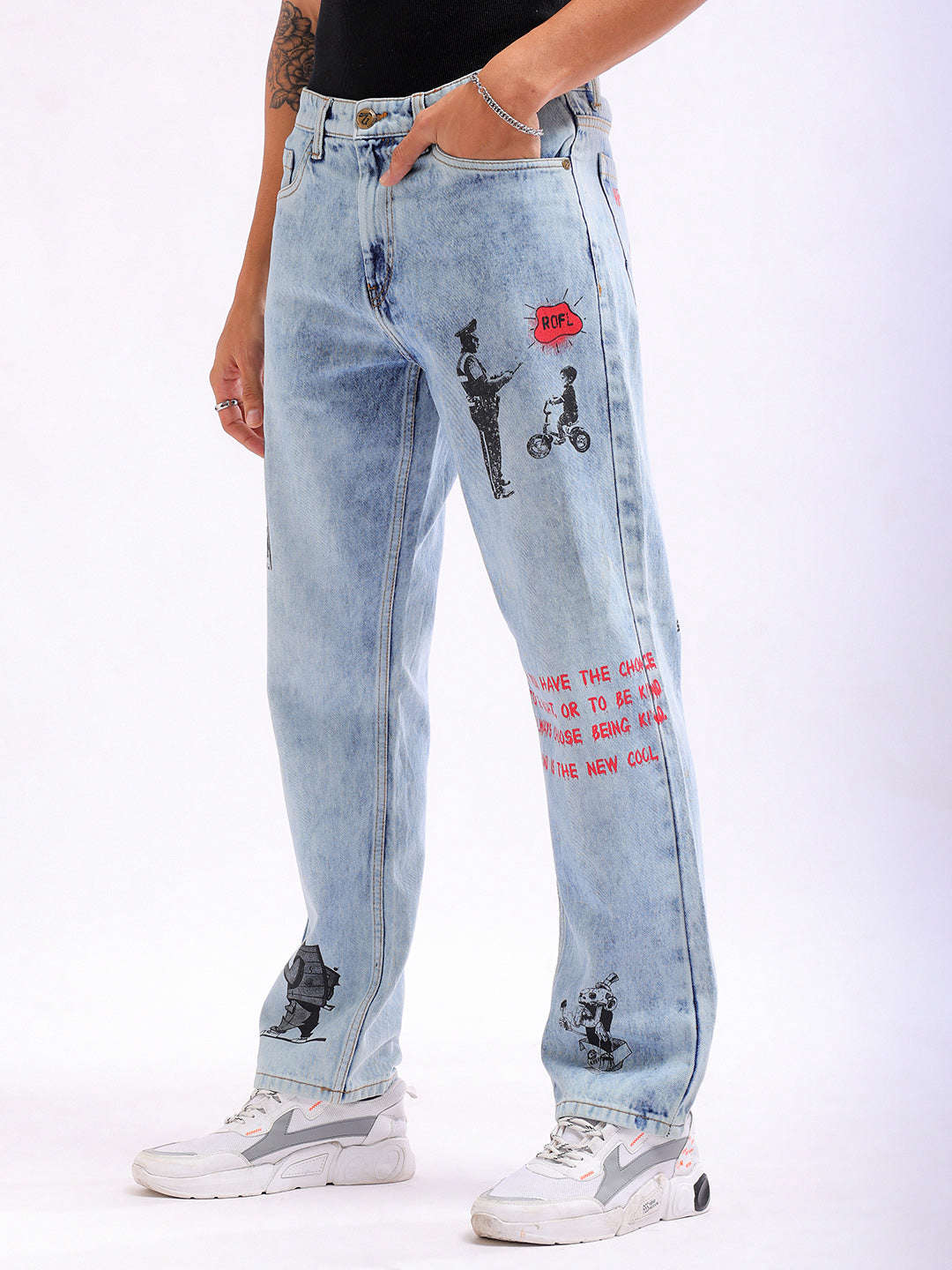 Men's Blue Regular Fit Printed Casual Jeans - Image 6