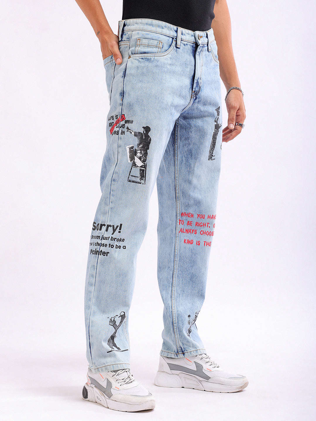 Men's Blue Regular Fit Printed Casual Jeans - Image 7