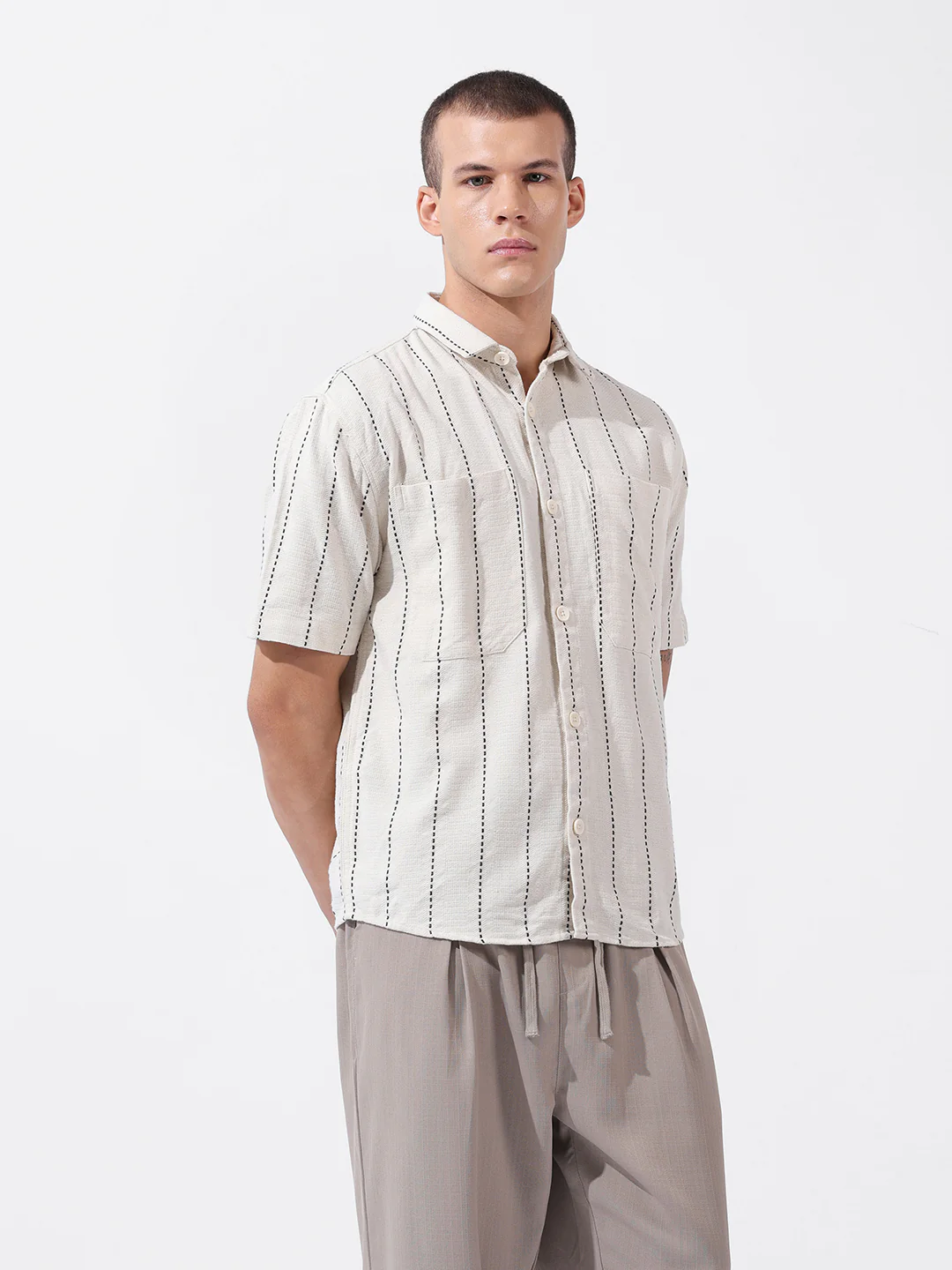 Men's Off White Relaxed Fit Striped Resort Wear Shirt - Image 3