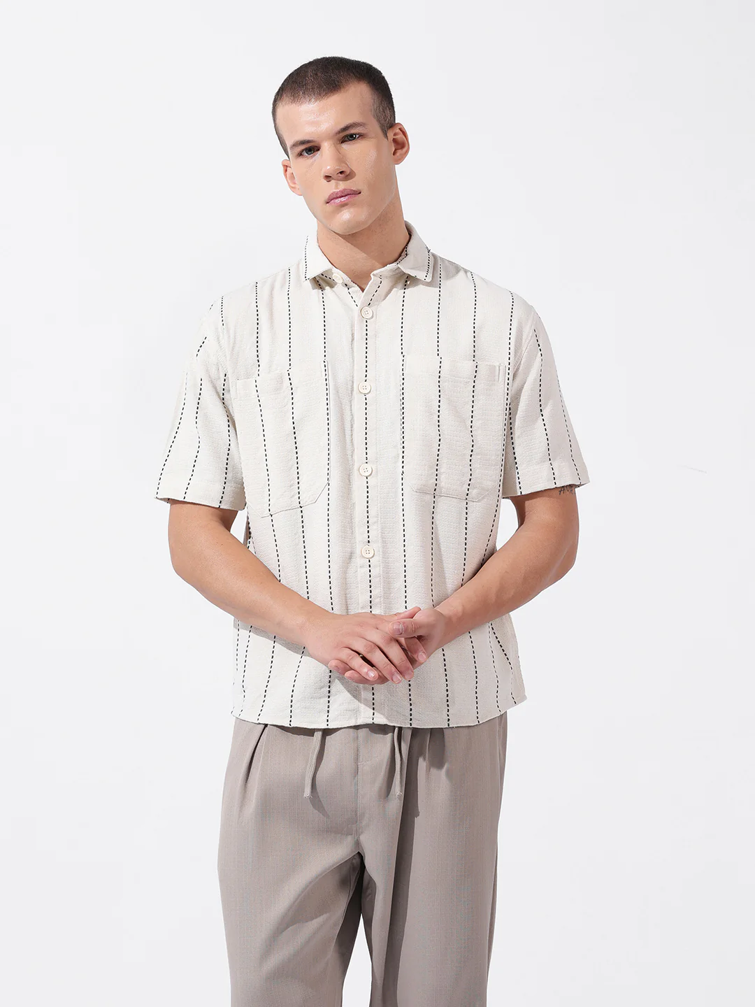 Men's Off White Relaxed Fit Striped Resort Wear Shirt - Image 5