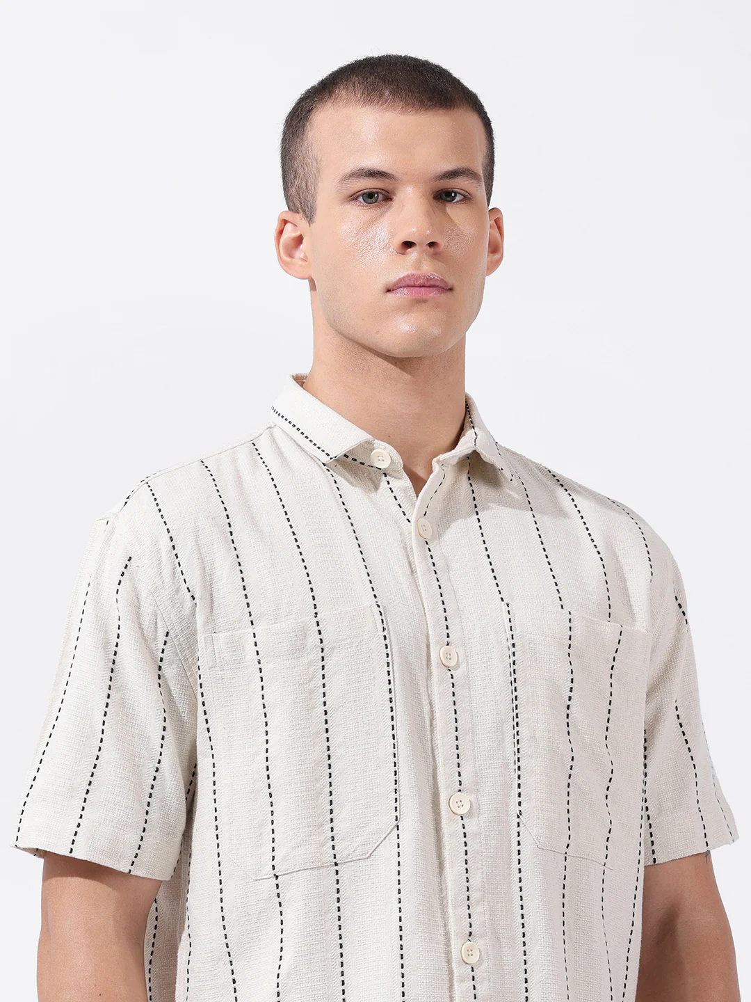 Men's Off White Relaxed Fit Striped Resort Wear Shirt - Image 6