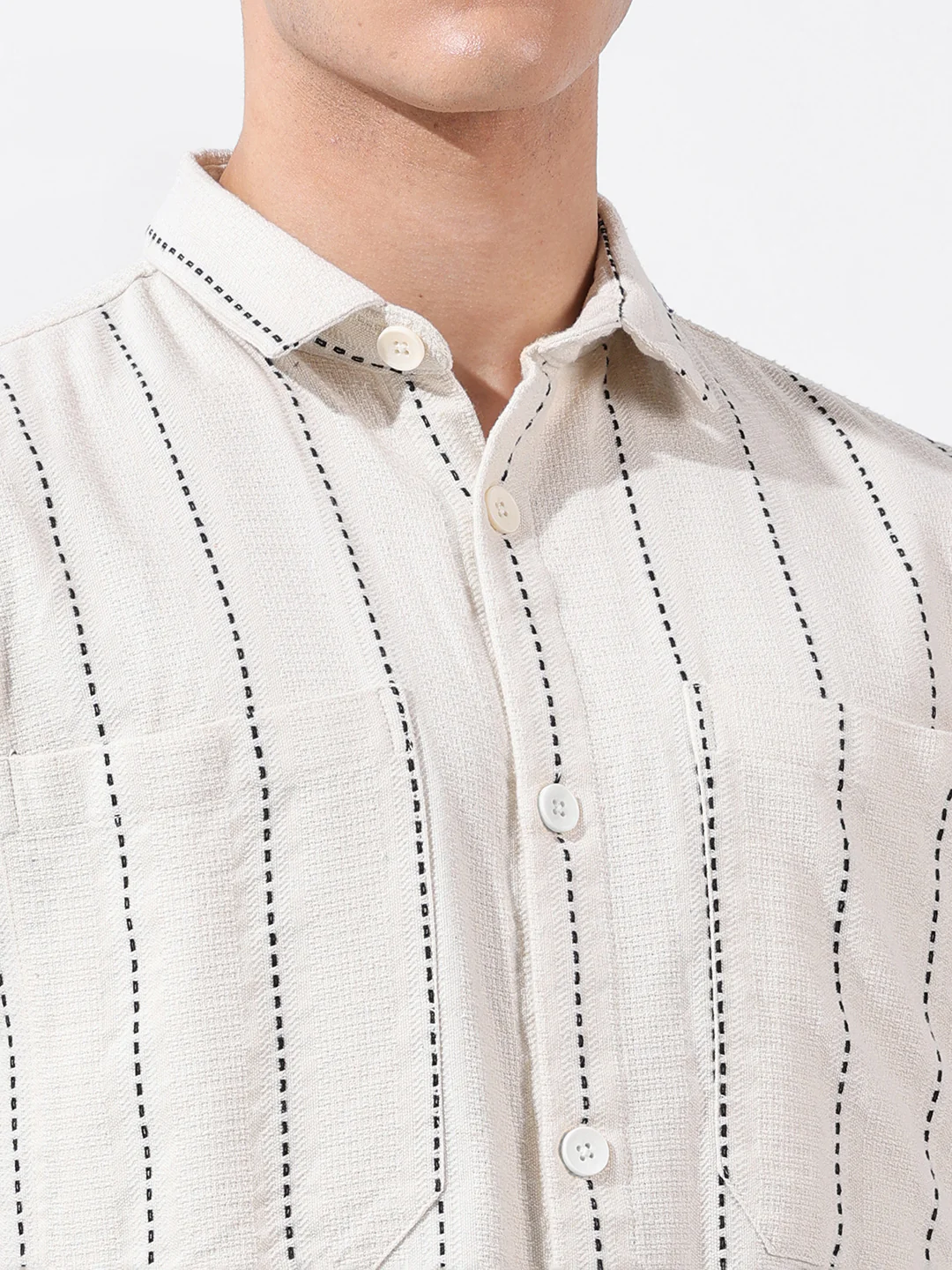 Men's Off White Relaxed Fit Striped Resort Wear Shirt - Image 7