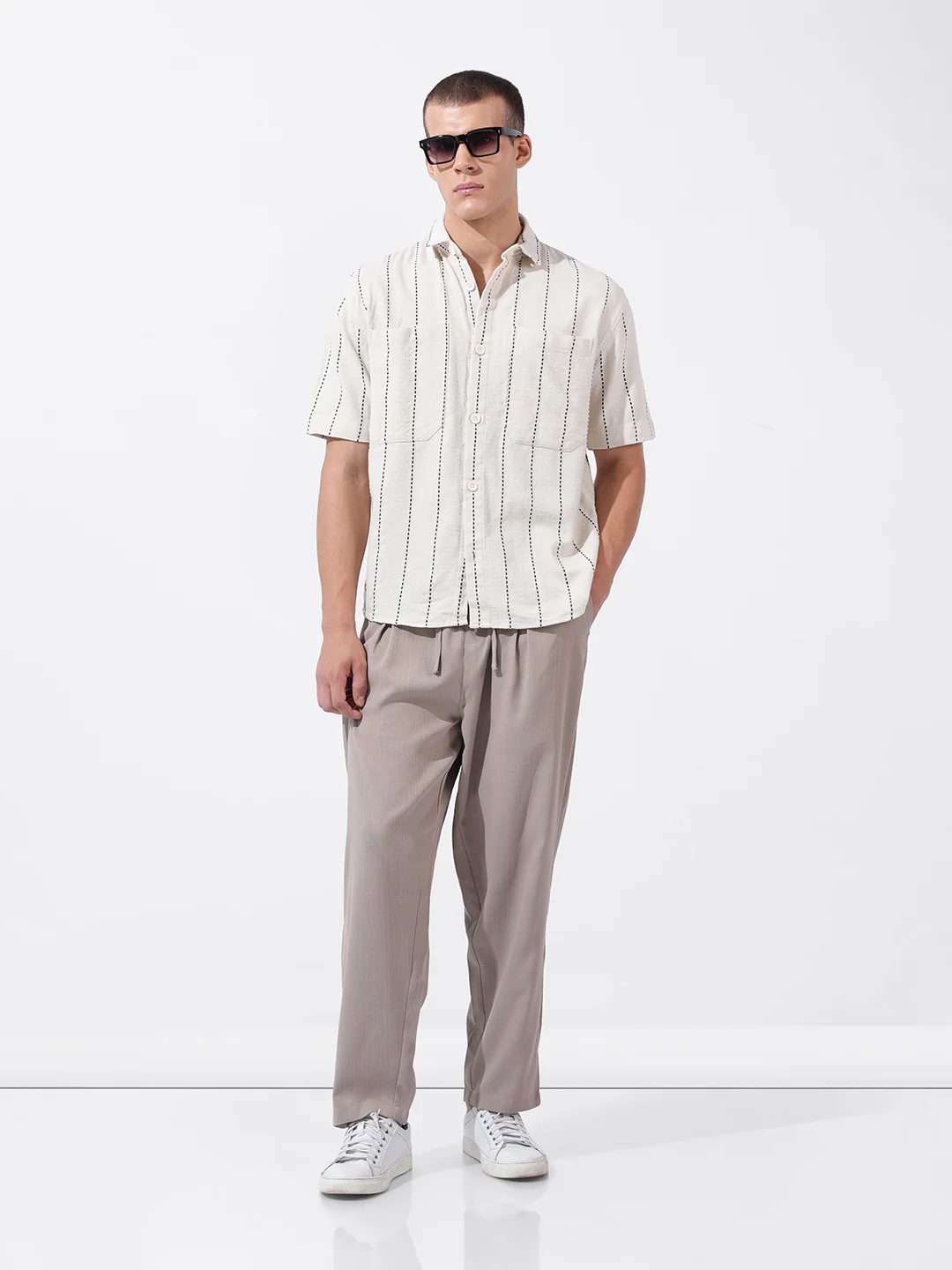 Men's Off White Relaxed Fit Striped Resort Wear Shirt - Image 8