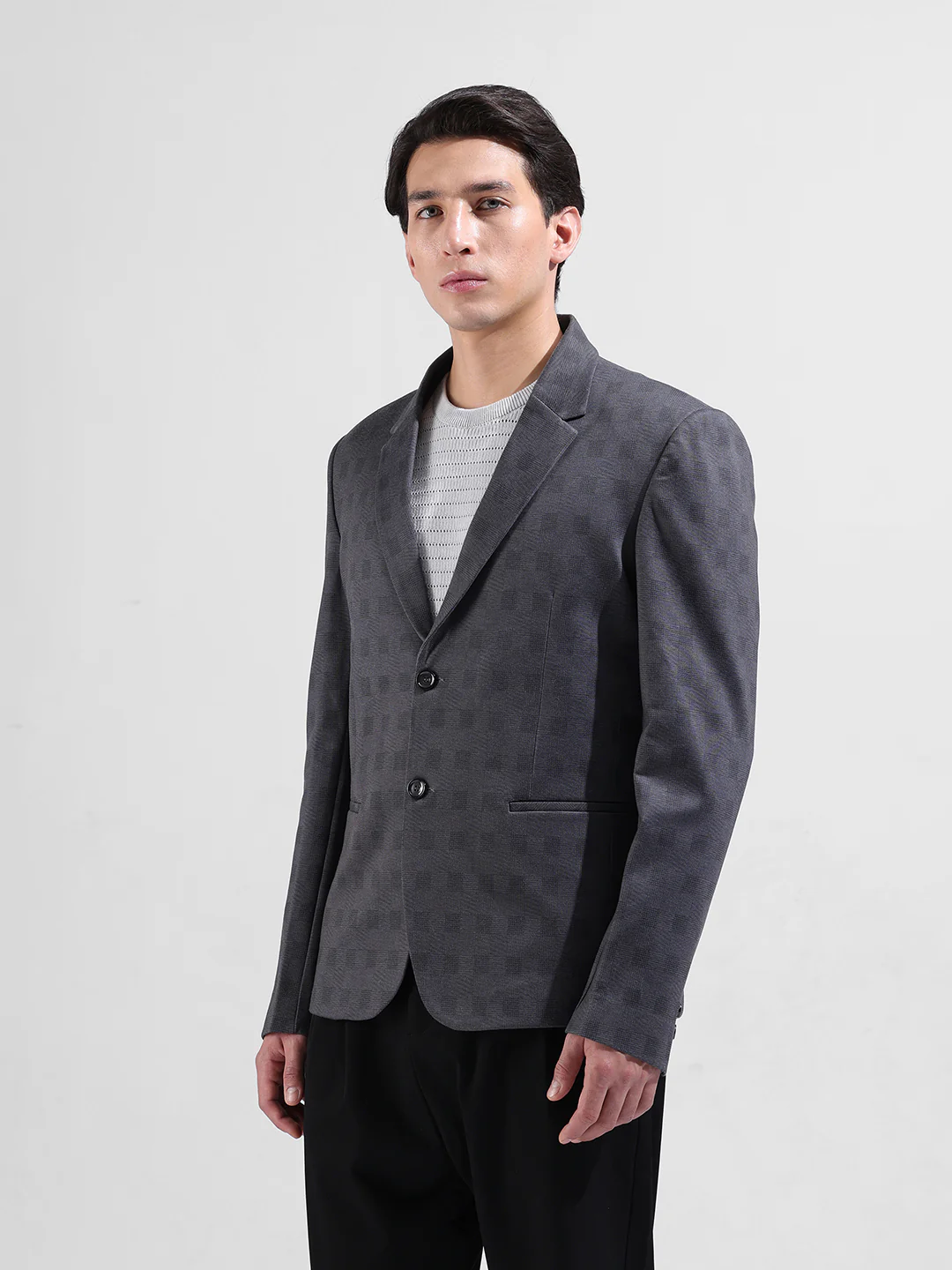Men's Grey Regular Fit Checked Casual Blazer - Image 2