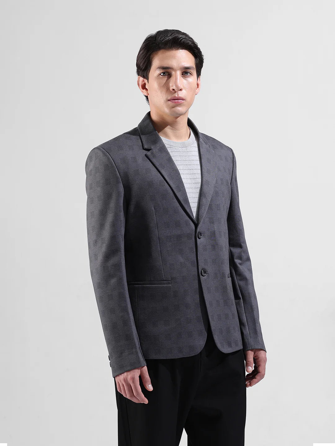 Men's Grey Regular Fit Checked Casual Blazer - Image 3