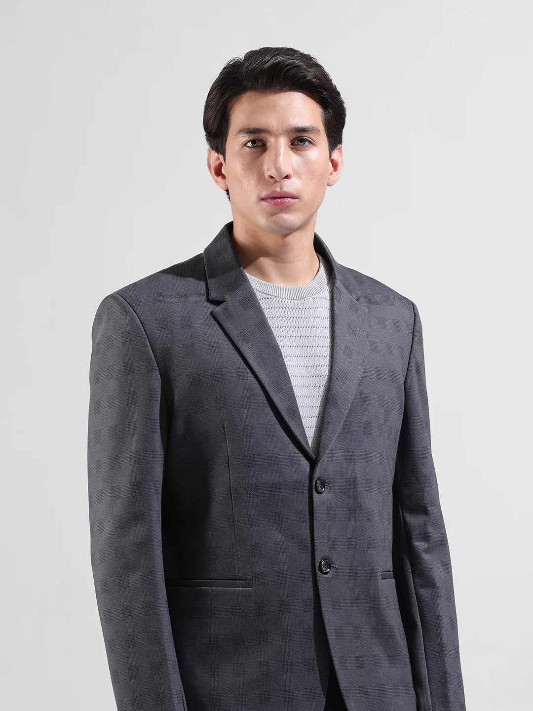Men's Grey Regular Fit Checked Casual Blazer - Image 4