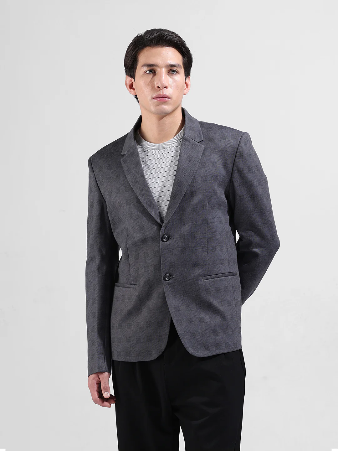 Men's Grey Regular Fit Checked Casual Blazer - Image 6