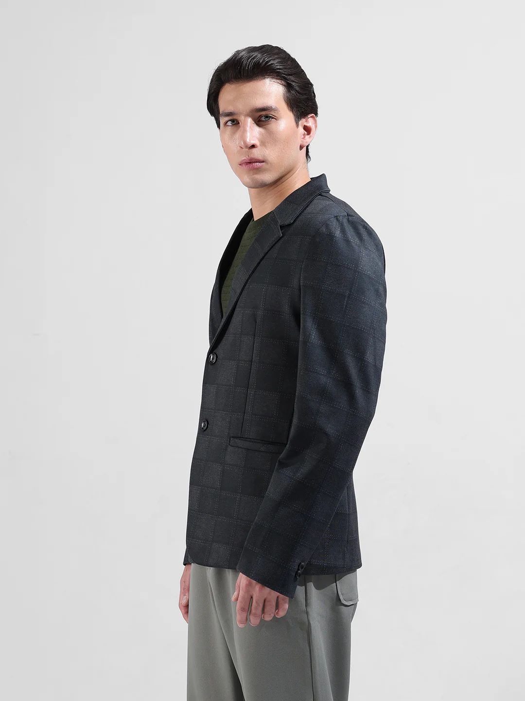 Men's Grey Regular Fit Checked Casual Blazer - Image 2