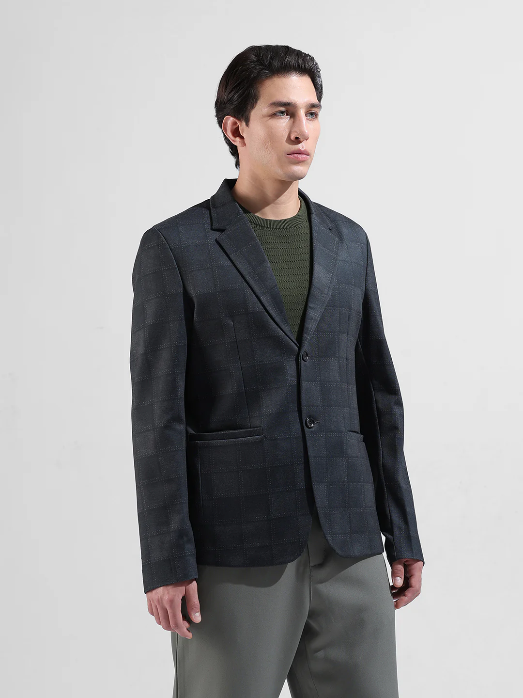 Men's Grey Regular Fit Checked Casual Blazer - Image 3