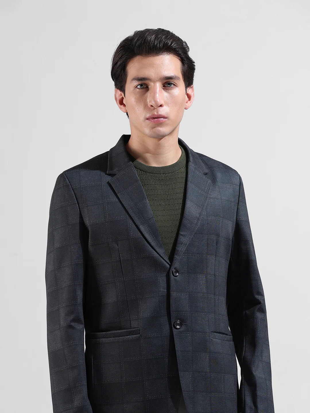 Men's Grey Regular Fit Checked Casual Blazer - Image 4