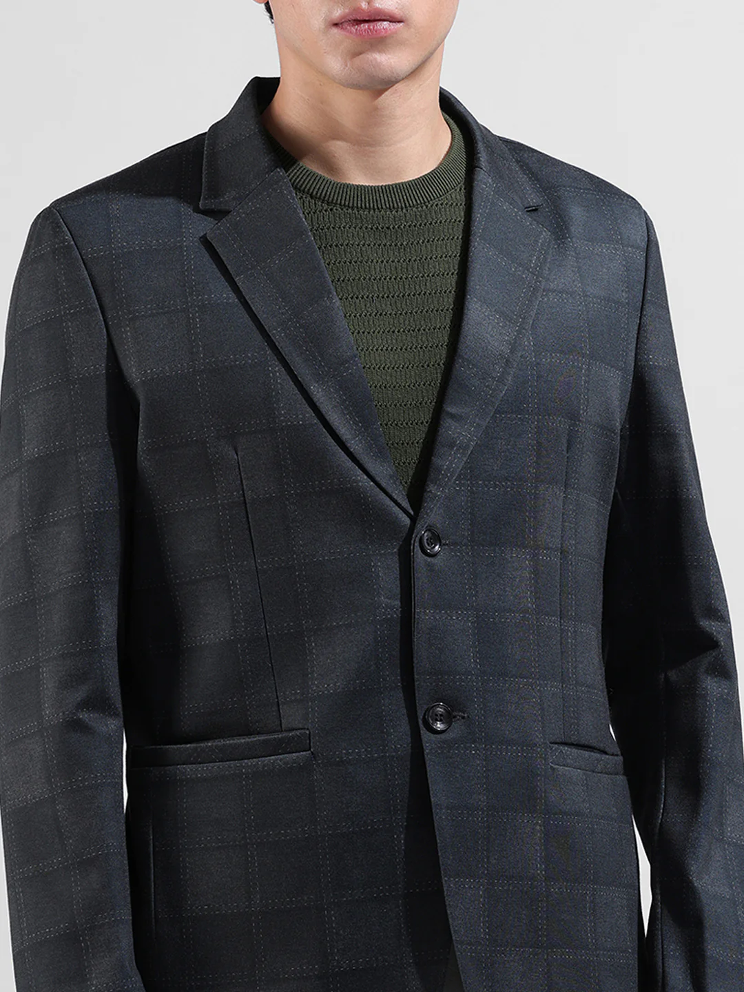 Men's Grey Regular Fit Checked Casual Blazer - Image 5