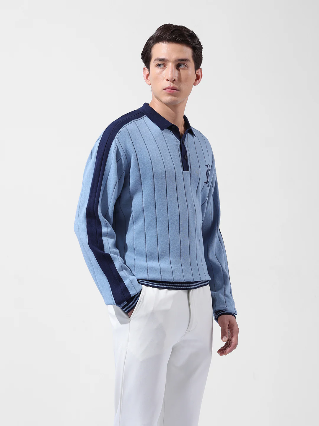 Men's Blue Oversized Fit Textured Flat Knit T-Shirt - Image 2