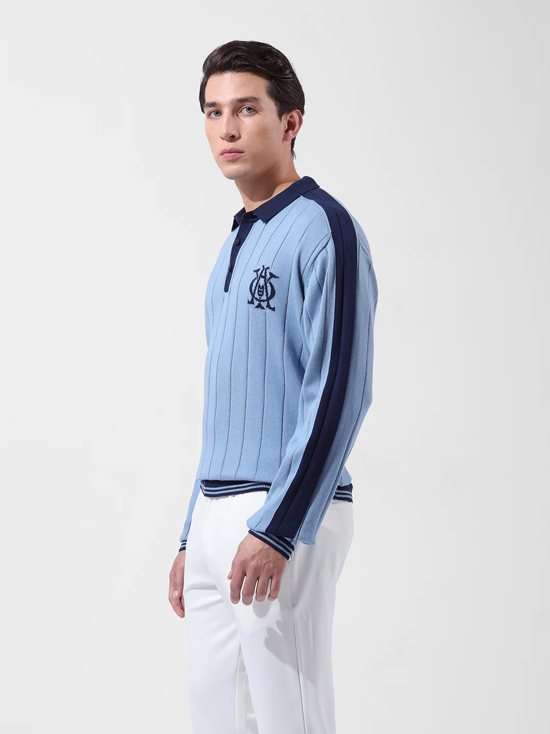 Men's Blue Oversized Fit Textured Flat Knit T-Shirt - Image 3
