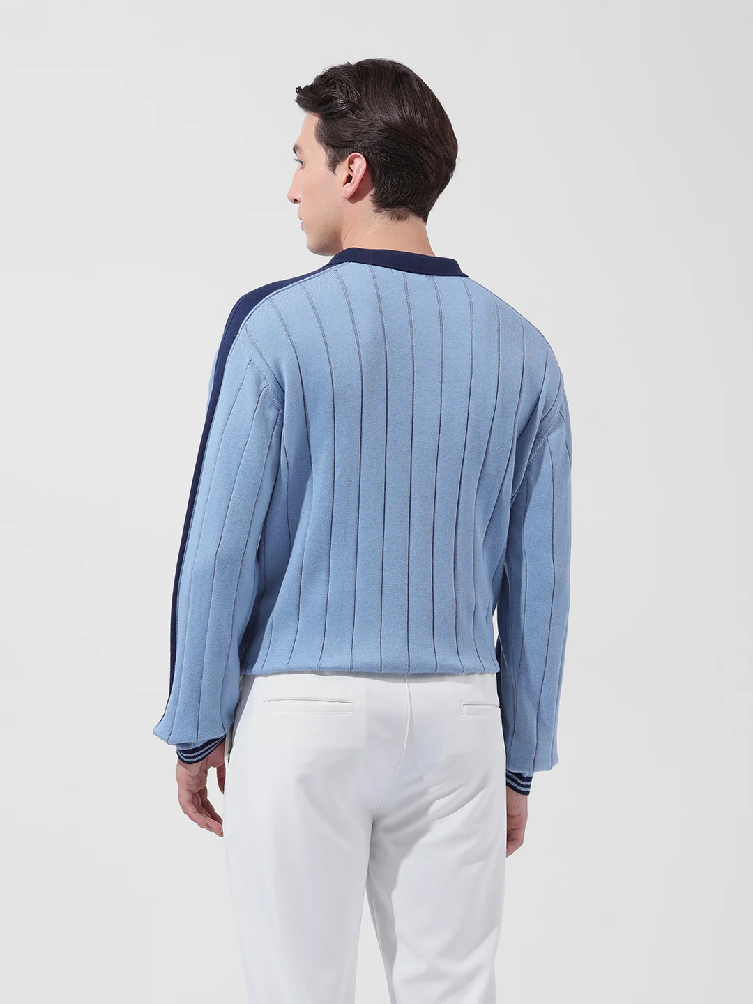 Men's Blue Oversized Fit Textured Flat Knit T-Shirt - Image 4