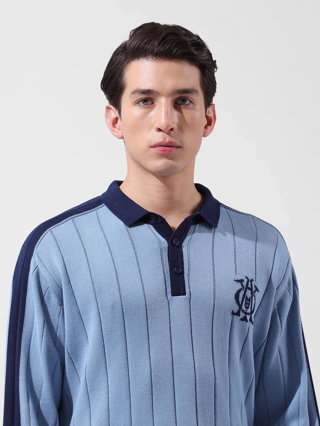 Men's Blue Oversized Fit Textured Flat Knit T-Shirt - Image 5
