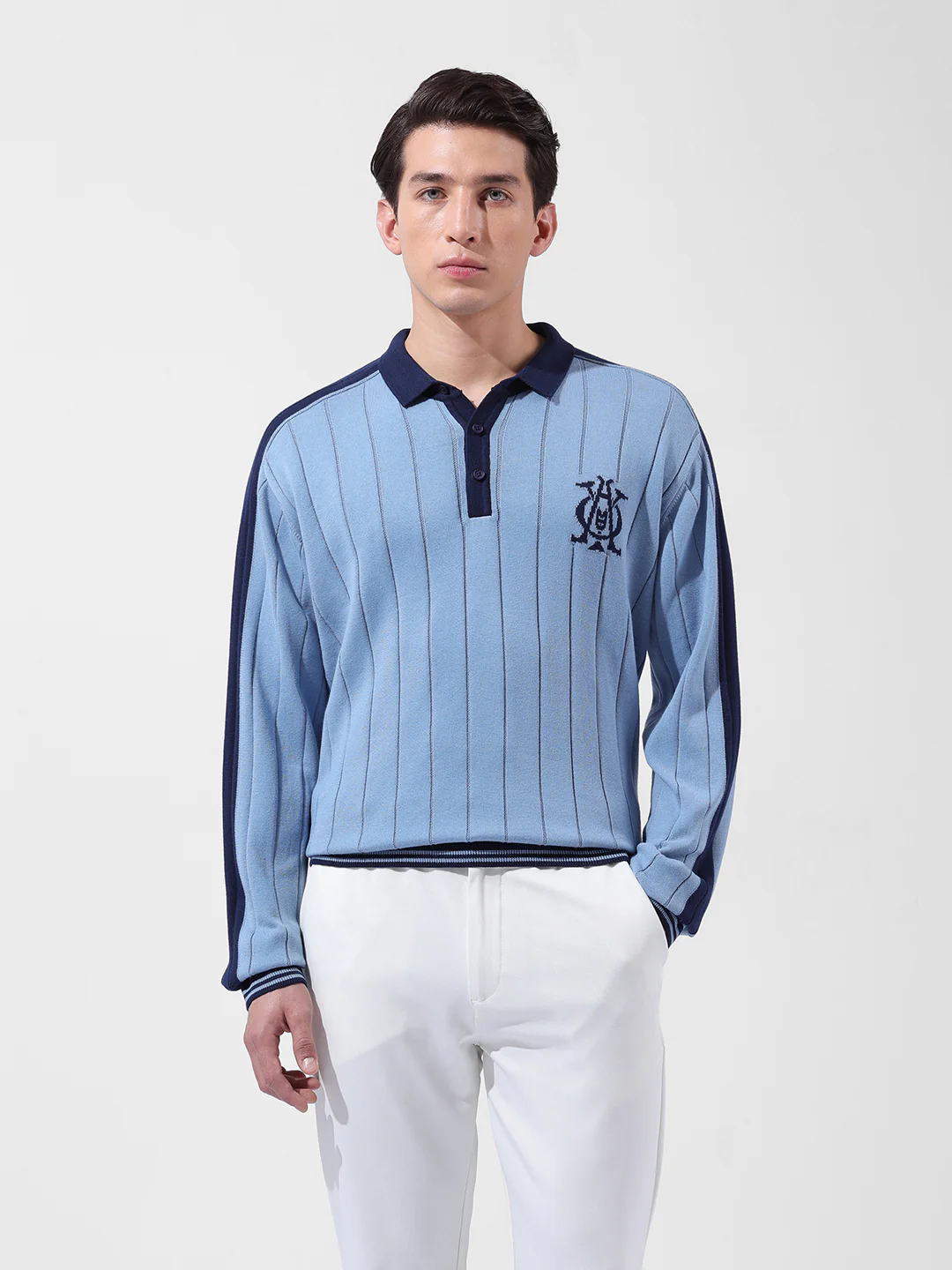 Men's Blue Oversized Fit Textured Flat Knit T-Shirt - Image 7