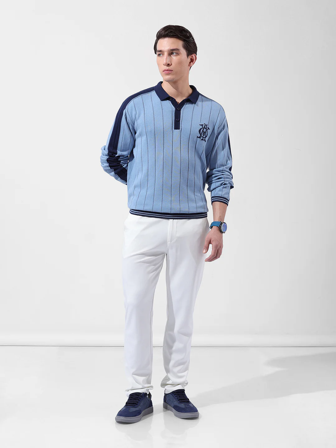 Men's Blue Oversized Fit Textured Flat Knit T-Shirt - Image 8
