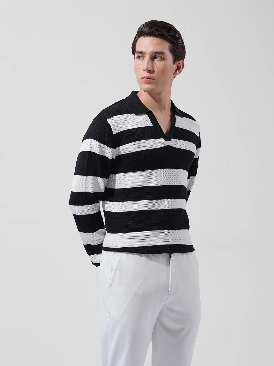 Men's Black Slim Fit Striped Flat Knit Polo Neck T-Shirt - Image 2
