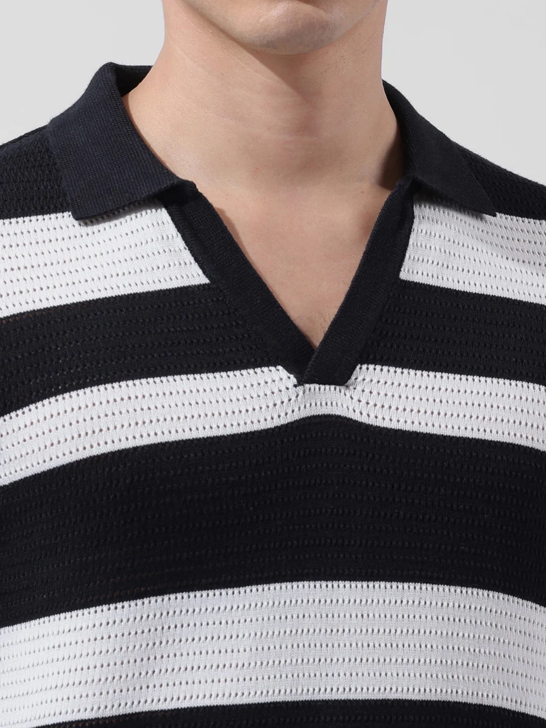 Men's Black Slim Fit Striped Flat Knit Polo Neck T-Shirt - Image 3