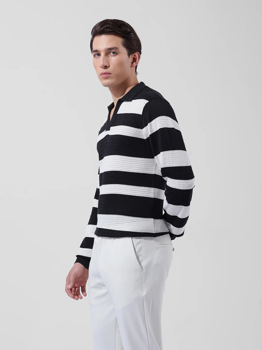 Men's Black Slim Fit Striped Flat Knit Polo Neck T-Shirt - Image 4