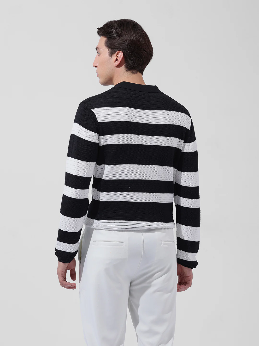 Men's Black Slim Fit Striped Flat Knit Polo Neck T-Shirt - Image 5