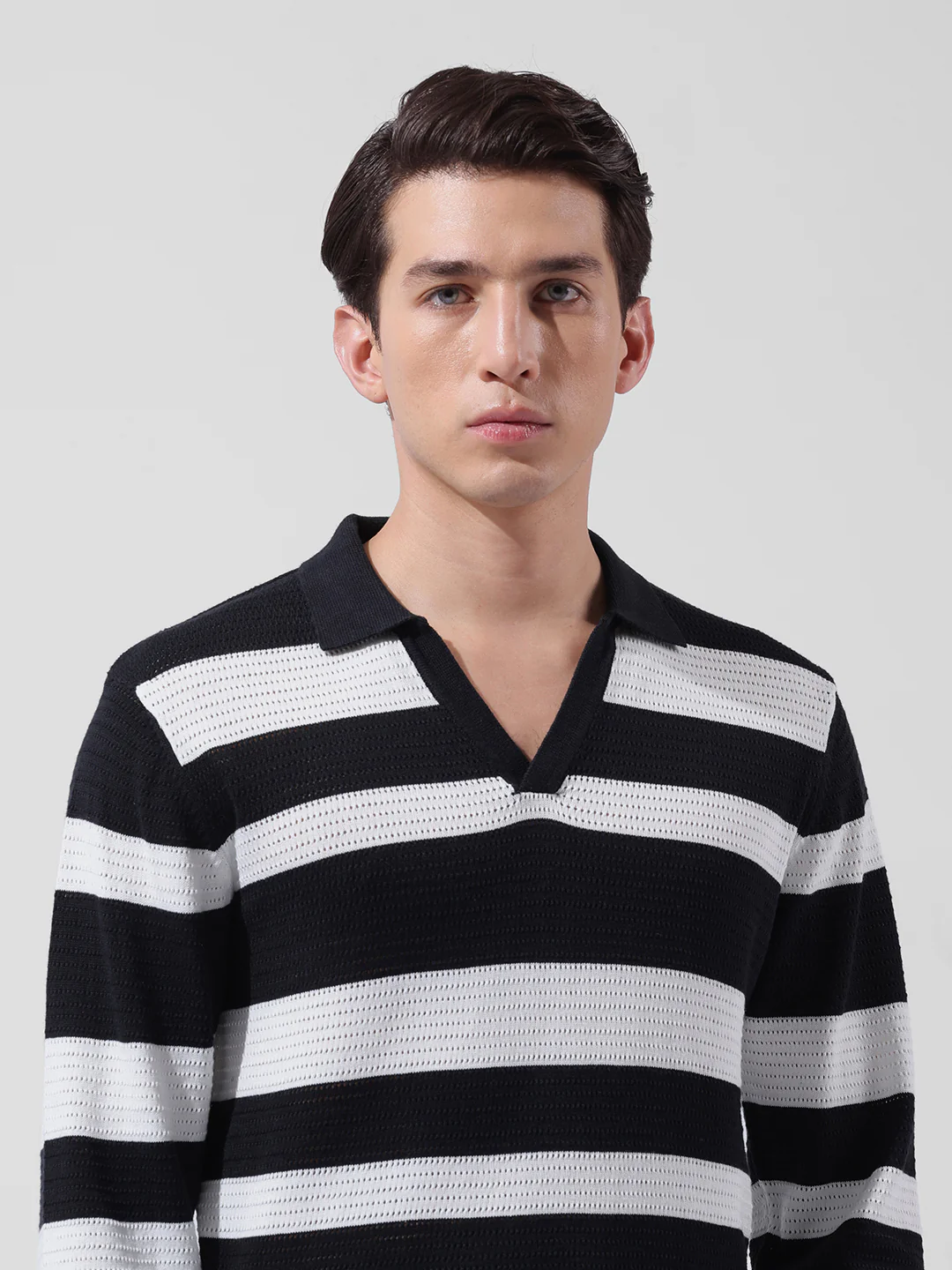 Men's Black Slim Fit Striped Flat Knit Polo Neck T-Shirt - Image 6